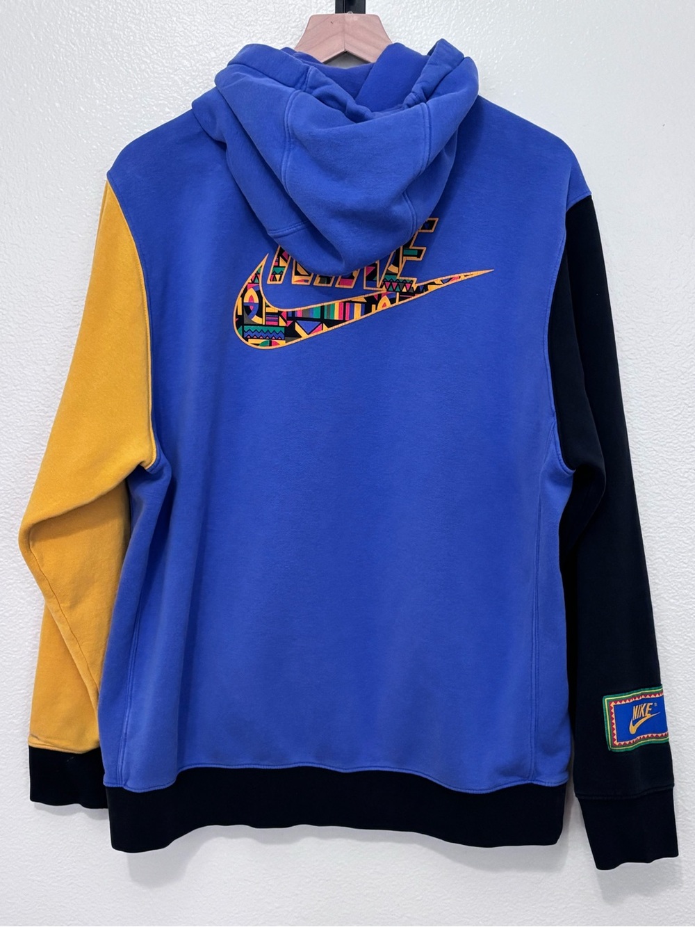 Nike Retro Colorblock Hoodie Geometric Graphic Blue Yellow Black Mens Large
